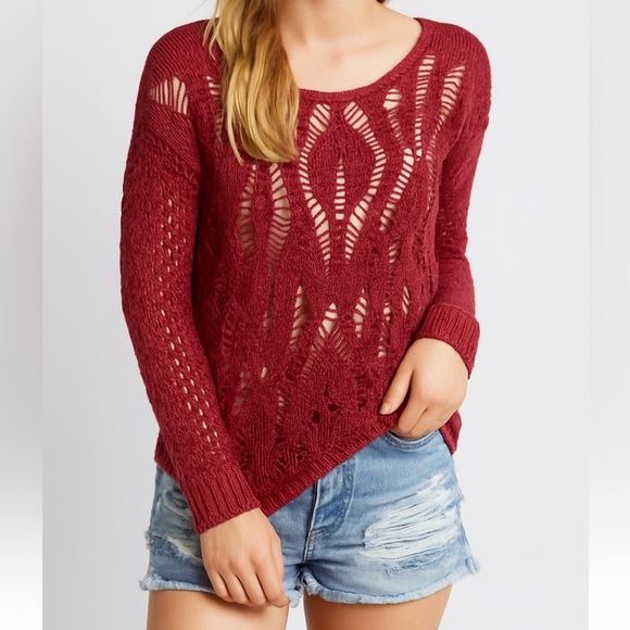 American Eagle Open Weave Crochet Sweater Burgundy Red Cranberry Size Large - Picture 9 of 13